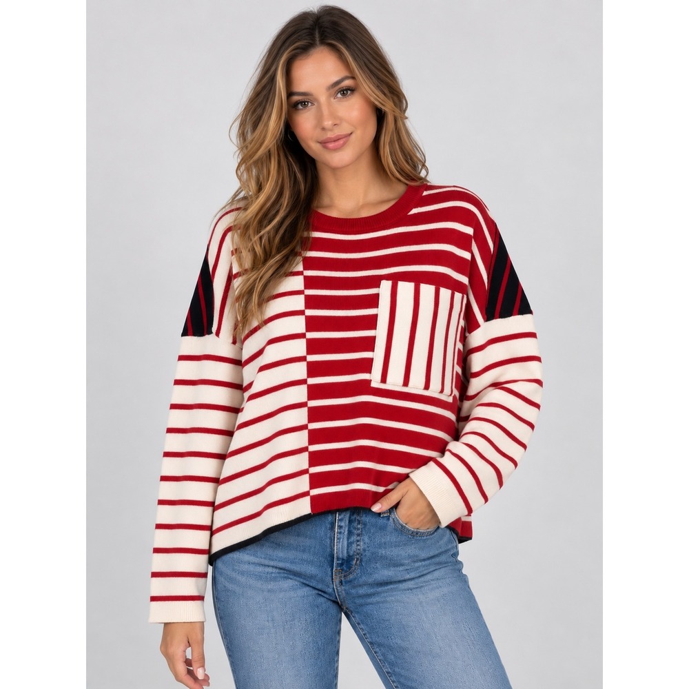 Cabi Oversized Pullover Sweater Picnic Red White Black Striped Pocket Size Small